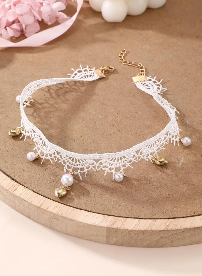 Take Two Girls White Lace Choker Necklace with Charms
