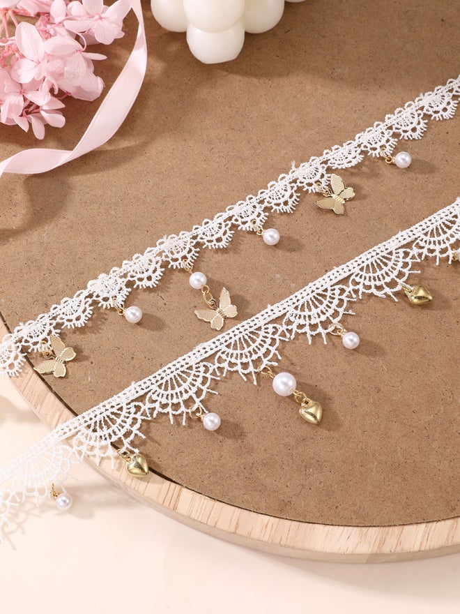 Take Two Girls White Lace Choker Necklace with Charms - Image 3