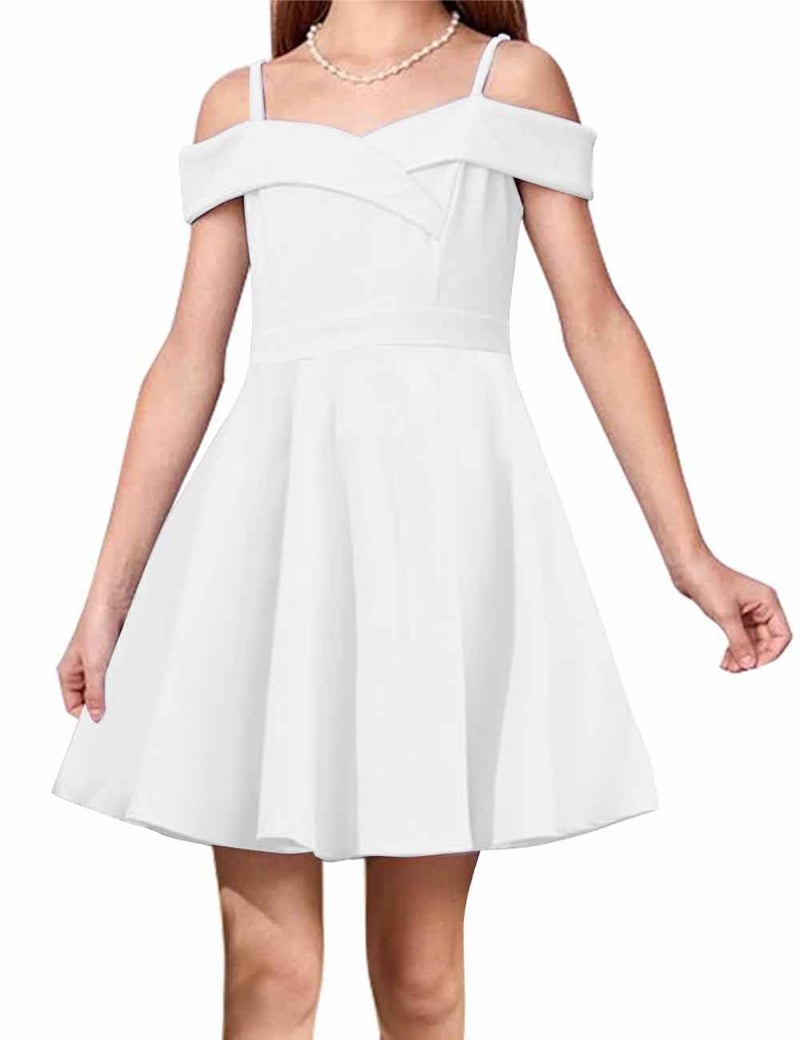 LuckyShe Big Girls Princess Dresses Elegant Cold Shoulder A Line Swing Party Dress for KidsWhite8 Years