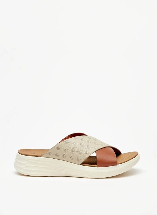 Women Monogram Print Slip-On Flatform Sandals