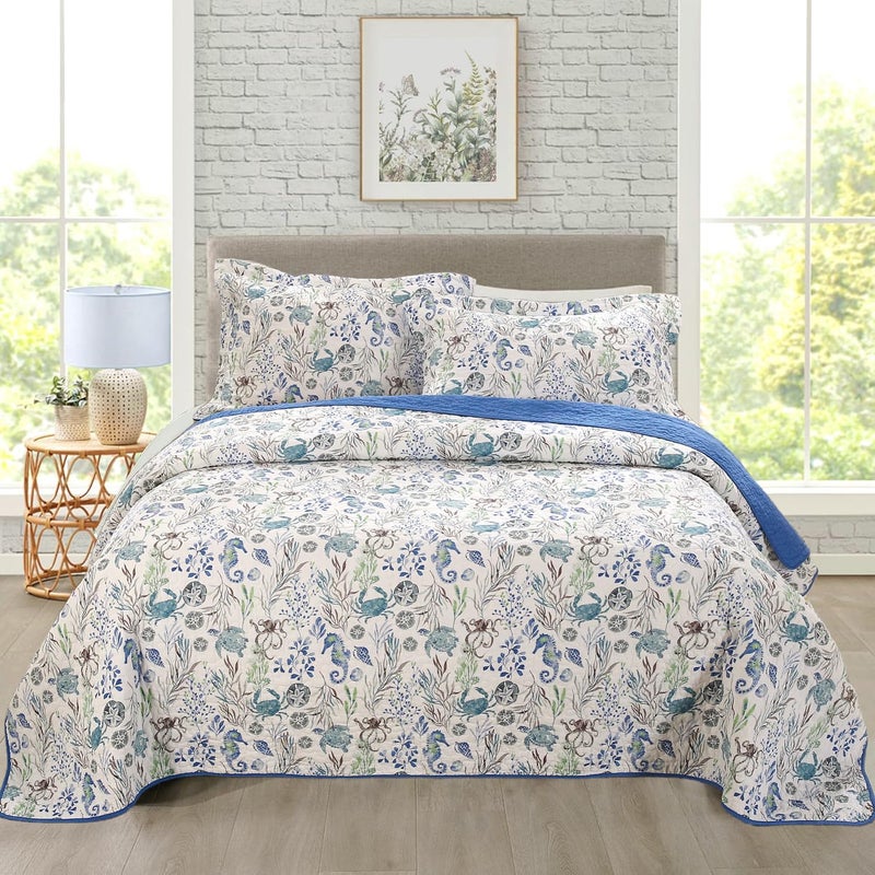 WINLIFE 3 Piece Coastal Quilt Sets Queen Size 100% Cotton Seahorse Ocean Quilts with 2 Shams Soft Lightweight Beach Bedding Bedspread Coverlet Summer Comforter for All Season, 90''x98'' - Image 1