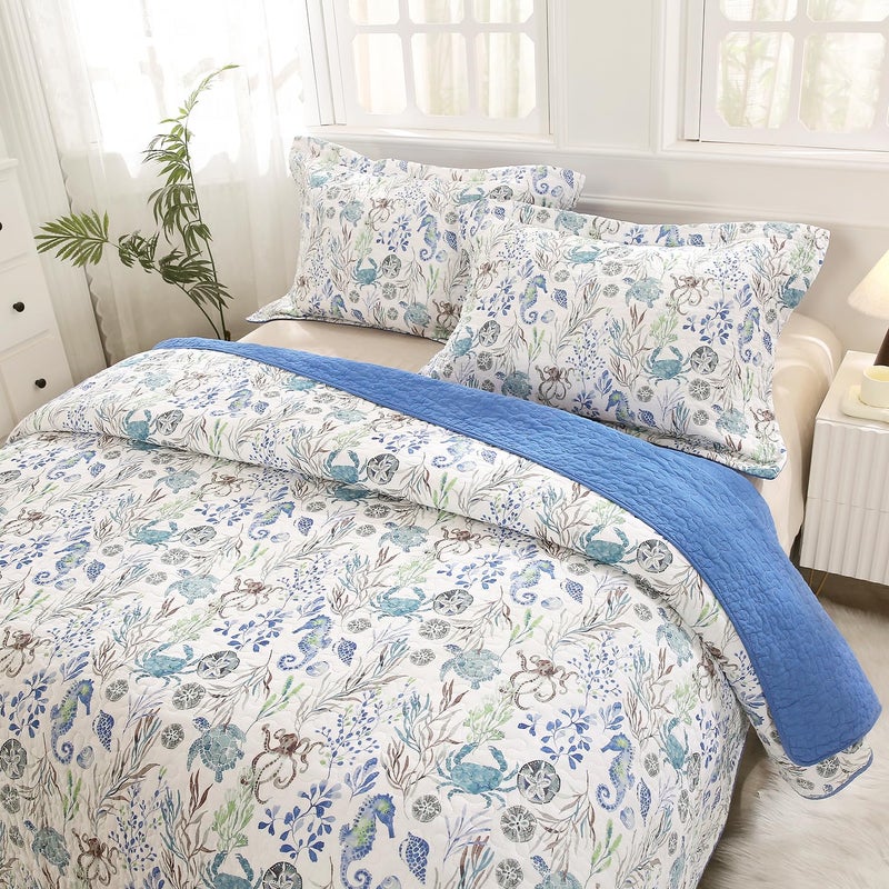 WINLIFE 3 Piece Coastal Quilt Sets Queen Size 100% Cotton Seahorse Ocean Quilts with 2 Shams Soft Lightweight Beach Bedding Bedspread Coverlet Summer Comforter for All Season, 90''x98'' - Image 2