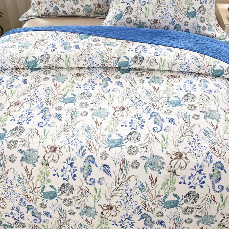WINLIFE 3 Piece Coastal Quilt Sets Queen Size 100% Cotton Seahorse Ocean Quilts with 2 Shams Soft Lightweight Beach Bedding Bedspread Coverlet Summer Comforter for All Season, 90''x98'' - Image 3