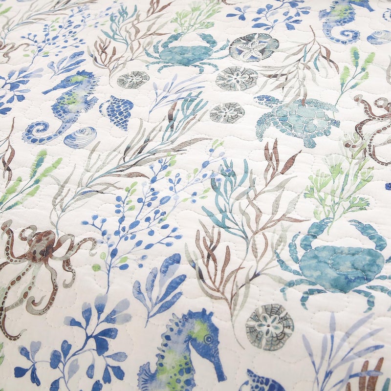 WINLIFE 3 Piece Coastal Quilt Sets Queen Size 100% Cotton Seahorse Ocean Quilts with 2 Shams Soft Lightweight Beach Bedding Bedspread Coverlet Summer Comforter for All Season, 90''x98'' - Image 5