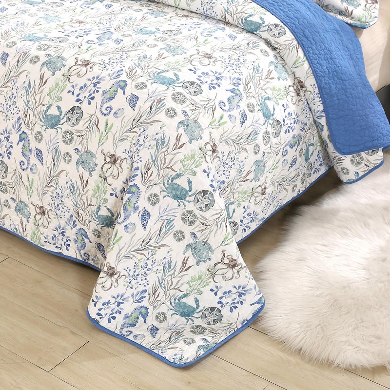 WINLIFE 3 Piece Coastal Quilt Sets Queen Size 100% Cotton Seahorse Ocean Quilts with 2 Shams Soft Lightweight Beach Bedding Bedspread Coverlet Summer Comforter for All Season, 90''x98'' - Image 4