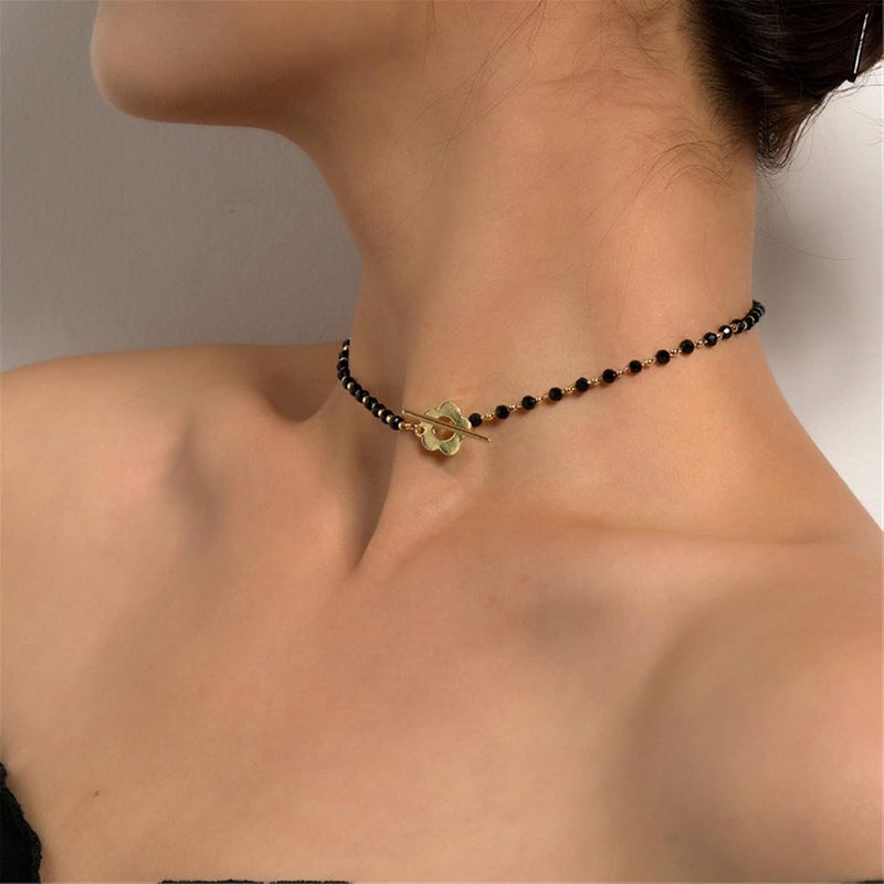 cheekyglo Flower Toggle Clasp Choker Necklace Paper Clip Crystal Glass Bead Necklace Vintage Charm Jewelry for Women,Gold - Image 2