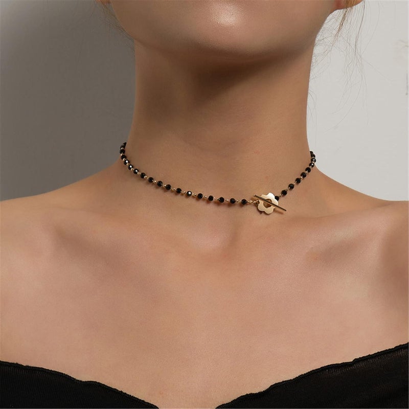 cheekyglo Flower Toggle Clasp Choker Necklace Paper Clip Crystal Glass Bead Necklace Vintage Charm Jewelry for Women,Gold - Image 3