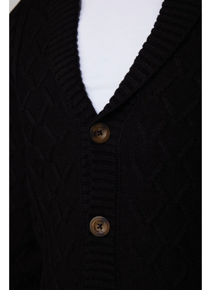 تودورس Slim Fit Slim Cut Patterned Soft Texture Buttoned Black Men's Cardigan