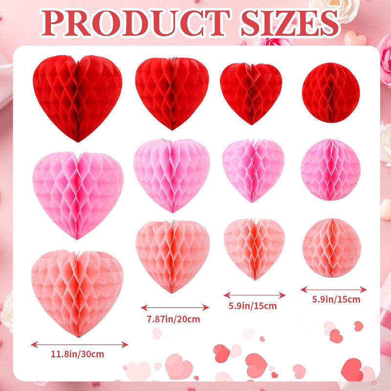 FOIMAS 12pcs Valentine's Day Heart Honeycomb Decoration Heart-Shaped Hanging Decoration for Valentine's Day Wedding Birthday Engagement Party Decor, Pink Red and Light Pink - Image 2