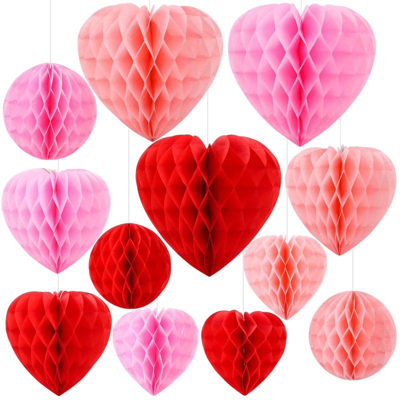 FOIMAS 12pcs Valentine's Day Heart Honeycomb Decoration Heart-Shaped Hanging Decoration for Valentine's Day Wedding Birthday Engagement Party Decor, Pink Red and Light Pink - Image 1