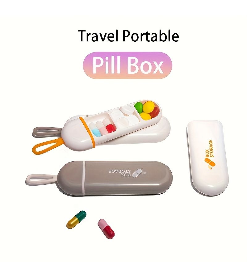 White Gray Portable Pill Organizer Box With Labeled Compartments Travel Medicine Vitamin Capsule Case - Image 1