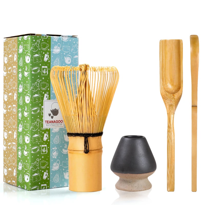 TEANAGOO Matcha Whisk Set Bamboo Matcha Whisk Chasen 4 Pcs Traditional Starter Matcha Set Scoop Chashaku Tea Spoon Whisk Holder Matcha Accessory Bamboo Whisk For Matcha Tea 100prongs