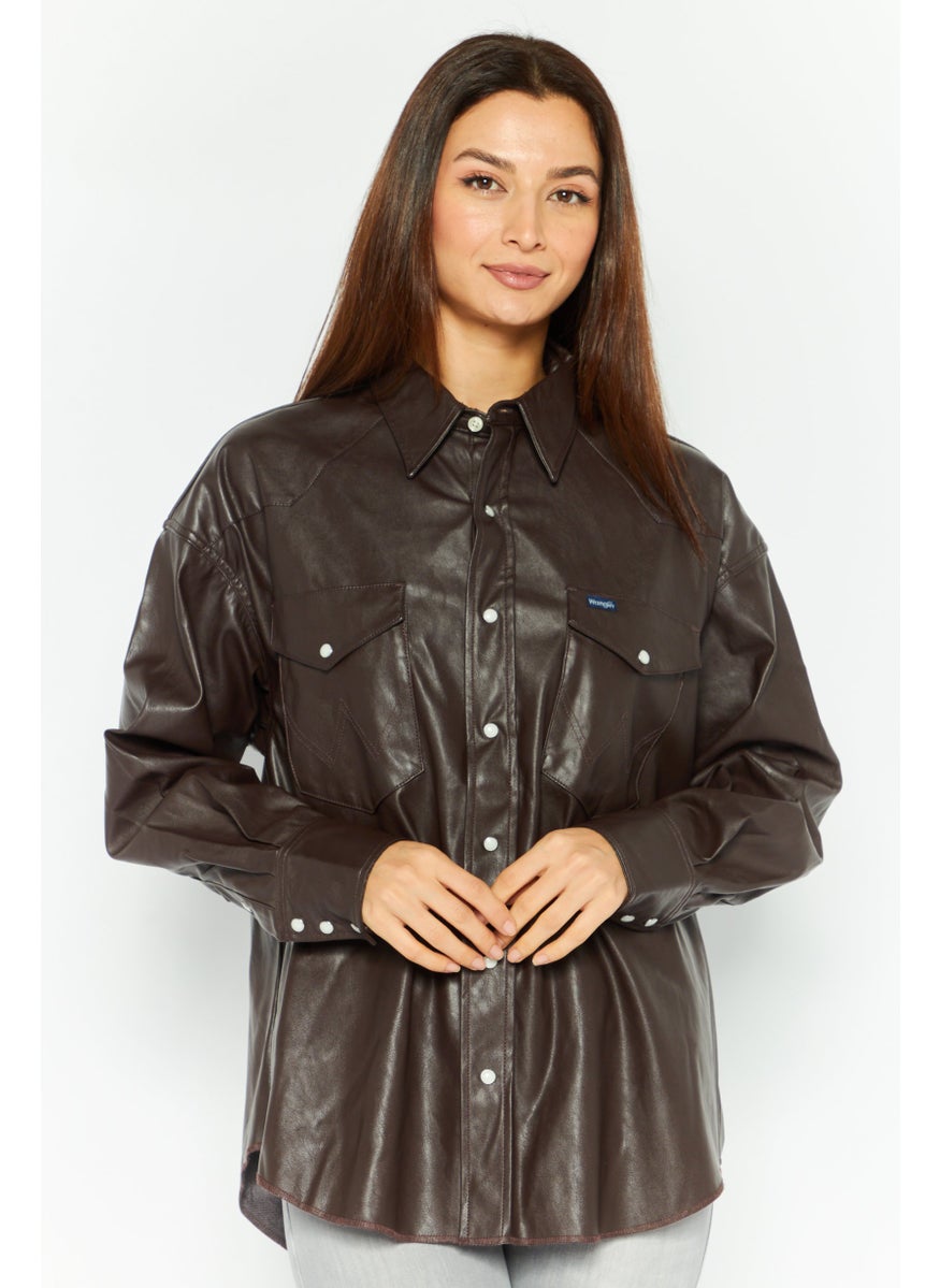 Wrangler - Women Plain Motor Jacket, Coffee Brown - Image 1