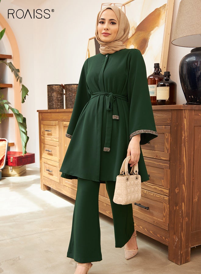رويس طقم نسائي عرقي، طقم نسائي مسلم أنيق من قطعتين، بلوزة بأكمام جرس مطرزة بأحجار الراين، طقم بنطلون واسع الساق بخصر عالٍ، أخضر غامق - Image 2