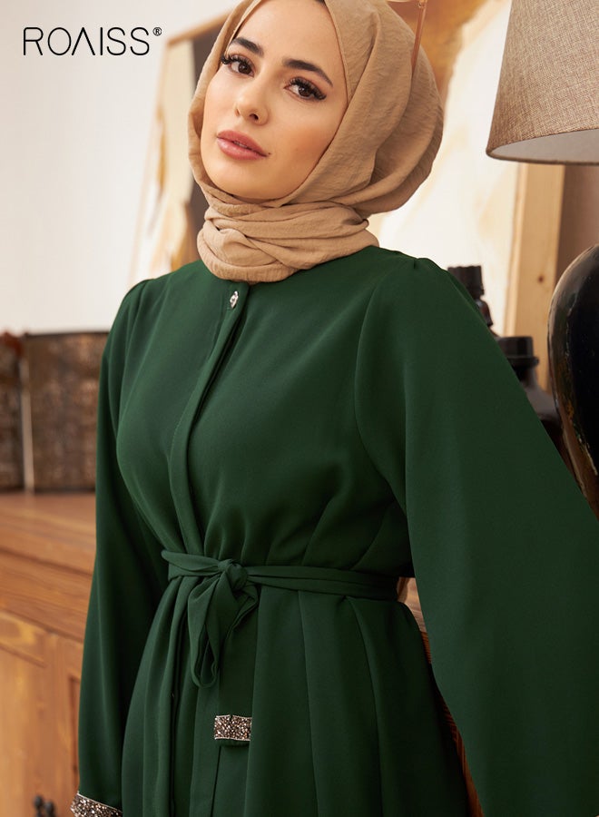 رويس طقم نسائي عرقي، طقم نسائي مسلم أنيق من قطعتين، بلوزة بأكمام جرس مطرزة بأحجار الراين، طقم بنطلون واسع الساق بخصر عالٍ، أخضر غامق - Image 4