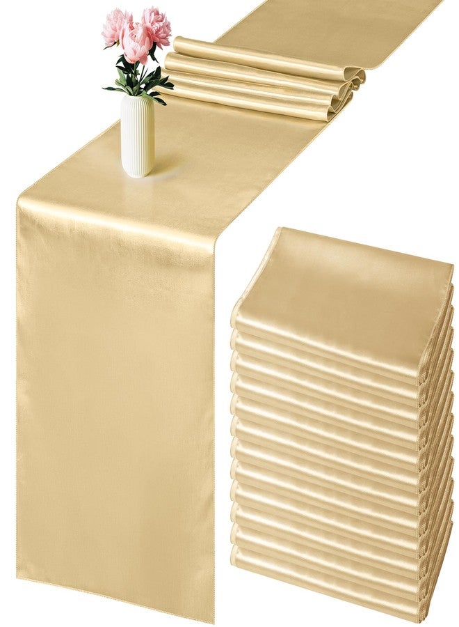 Aneco 12 Pack Satin Table Runner 12 x 108 Inch Champagne Long Wedding Satin Silk Table Runner for Wedding Banquet Graduations Birthday Party Decoration - Image 1