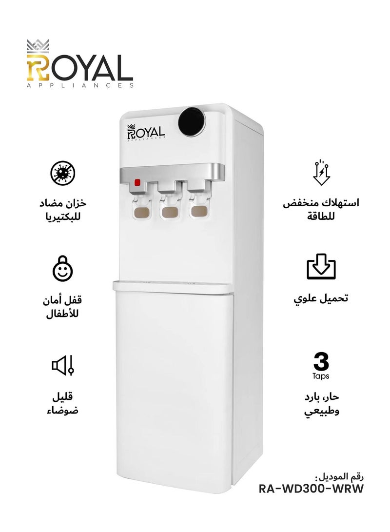 Royal Appliances Royal Stand Water Dispenser with Cabinet, 3 Taps (Hot, Cold & Normal), Top-Loading, Energy-Efficient Cooling, Child Safety Lock with low noice – Model RA-WD300-WRW, White - Image 1