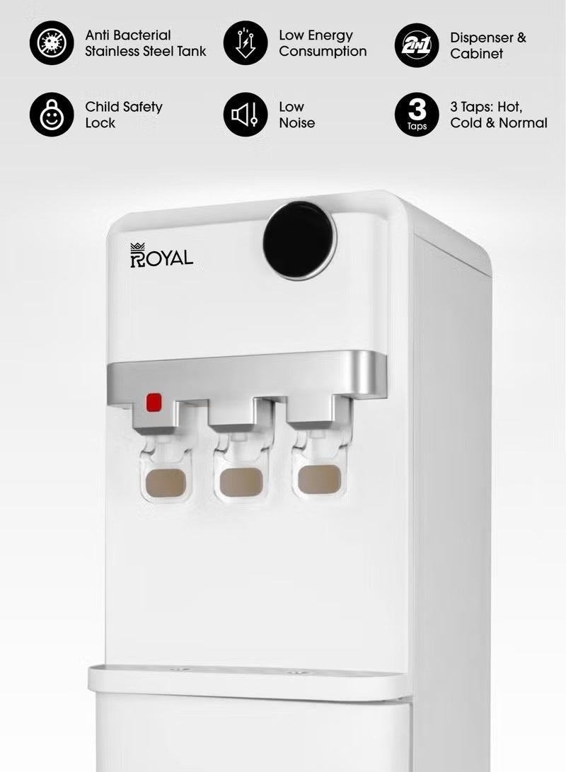 Royal Appliances Royal Stand Water Dispenser with Cabinet, 3 Taps (Hot, Cold & Normal), Top-Loading, Energy-Efficient Cooling, Child Safety Lock with low noice – Model RA-WD300-WRW, White - Image 2