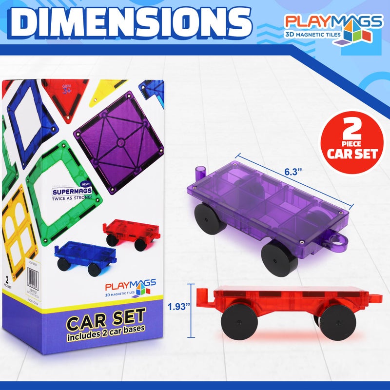 Playmags 2 Piece Car Set: with Stronger Magnets, STEM Toys for Kids, Use with All Magnetic Tiles and Blocks Sturdy, Super Durable with Vivid Clear Color Tiles. (Colors May Vary) - Image 2