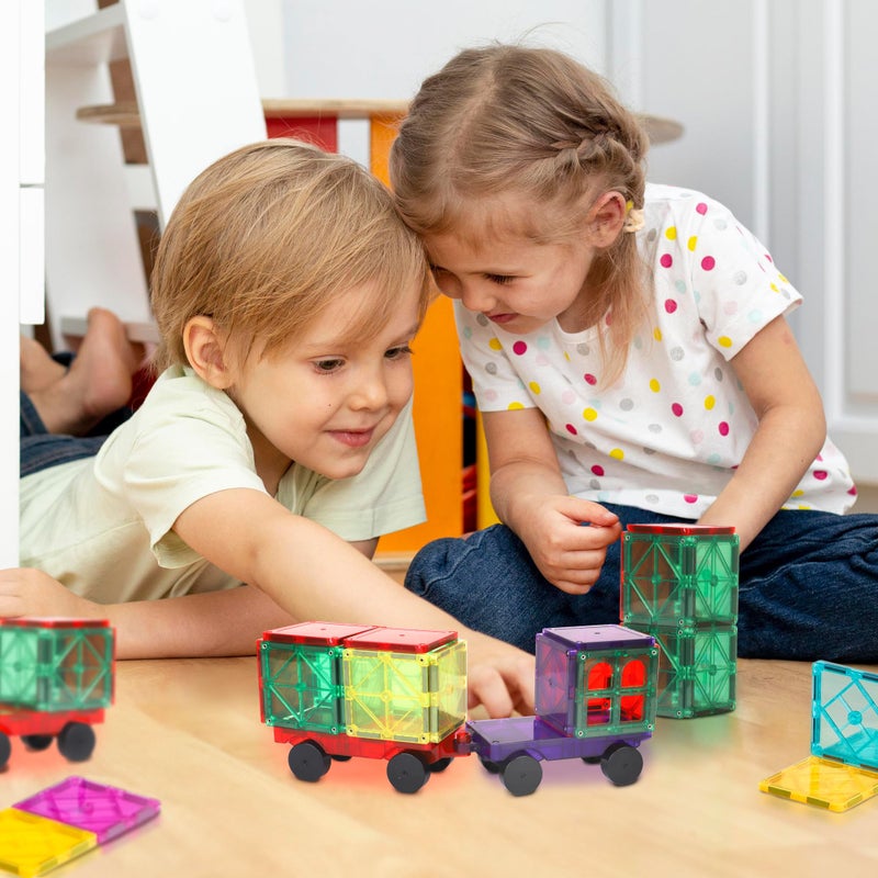 Playmags 2 Piece Car Set: with Stronger Magnets, STEM Toys for Kids, Use with All Magnetic Tiles and Blocks Sturdy, Super Durable with Vivid Clear Color Tiles. (Colors May Vary) - Image 5