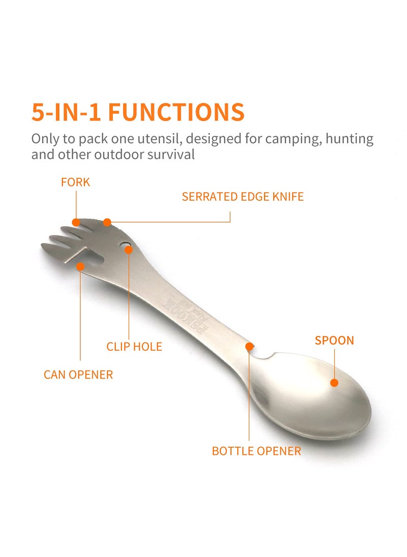 PSKOOK PSKOOK 5-in-1 Utility Tactical Spork, Stainless Steel Spoon & Bottle Opener, Fork & Knife, Can Opener Combo Camping Utensil for Hiking, Camping or Backpacking (Matte Silver)  - Image 2