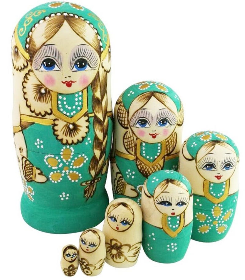 Winterworm Cute Little Girl with Big Braid Handmade Matryoshka Wishing Dolls Russian Nesting Dolls Set 7 Pieces Wooden Kids Gifts Toy Home Decoration Green - Image 3