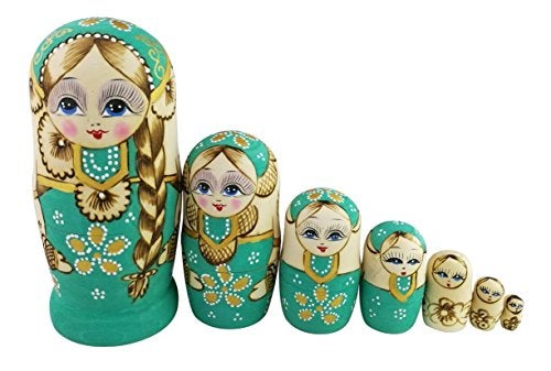 Winterworm Cute Little Girl with Big Braid Handmade Matryoshka Wishing Dolls Russian Nesting Dolls Set 7 Pieces Wooden Kids Gifts Toy Home Decoration Green - Image 5