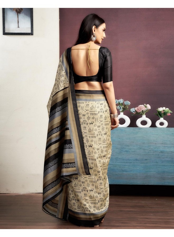 SIRIL ساري سيريلي من قطن بهاغالبوري مزخرف بتصميم وورلي مع قطعة بلوزة غير مخيطة (3999S121_كريم وأسود) - Image 5