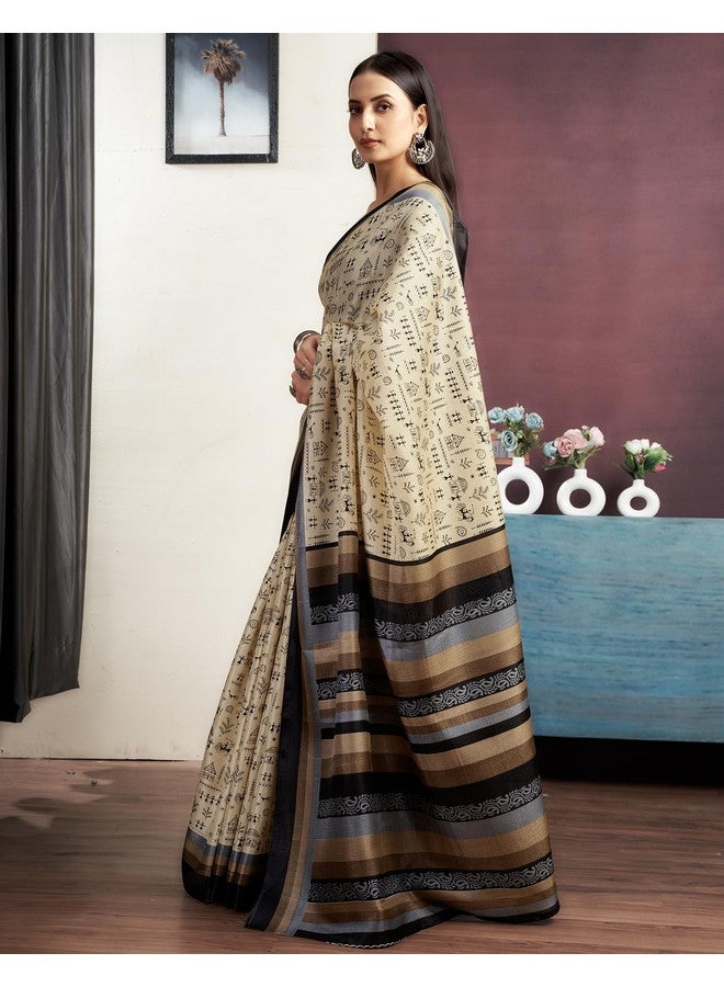 SIRIL ساري سيريلي من قطن بهاغالبوري مزخرف بتصميم وورلي مع قطعة بلوزة غير مخيطة (3999S121_كريم وأسود) - Image 2