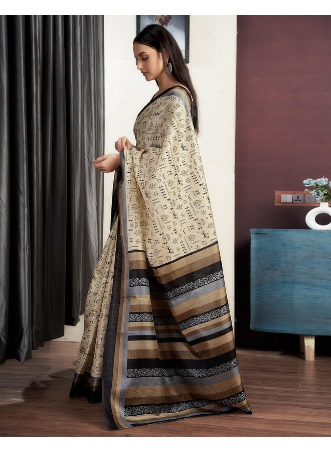 SIRIL ساري سيريلي من قطن بهاغالبوري مزخرف بتصميم وورلي مع قطعة بلوزة غير مخيطة (3999S121_كريم وأسود) - Image 4