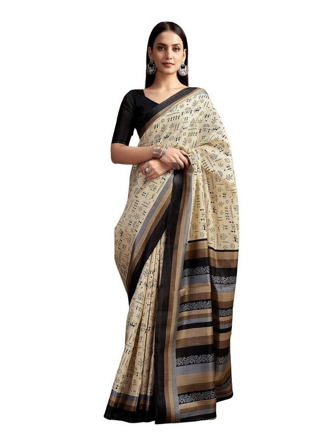 SIRIL ساري سيريلي من قطن بهاغالبوري مزخرف بتصميم وورلي مع قطعة بلوزة غير مخيطة (3999S121_كريم وأسود) - Image 1