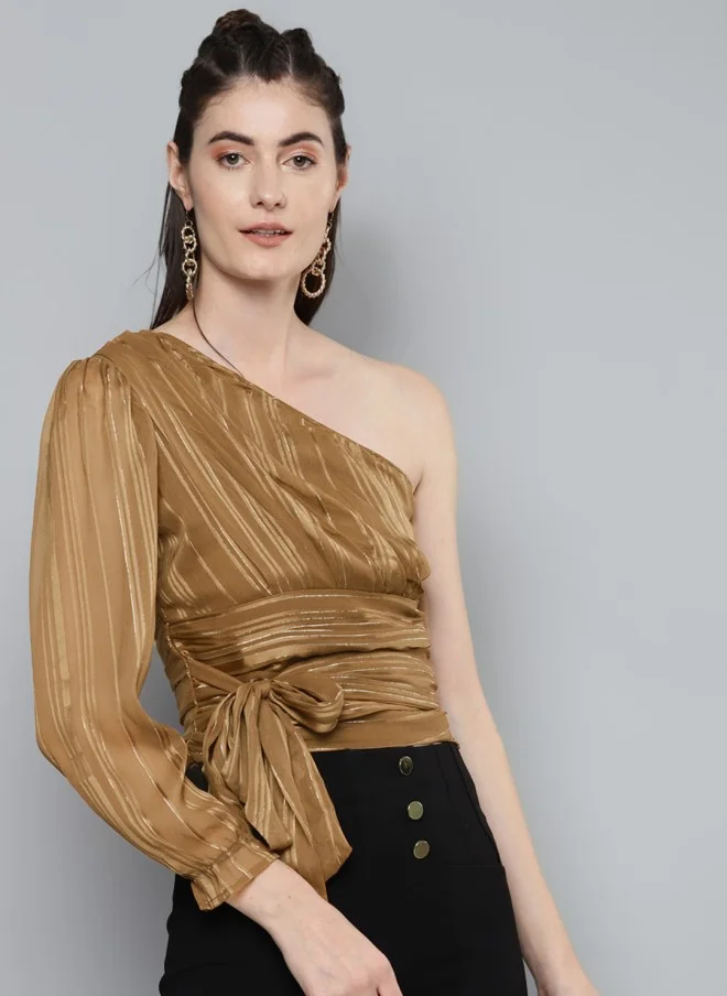 SASSAFRAS Olive Brown Striped One Shoulder Puff Sleeve Crop Top