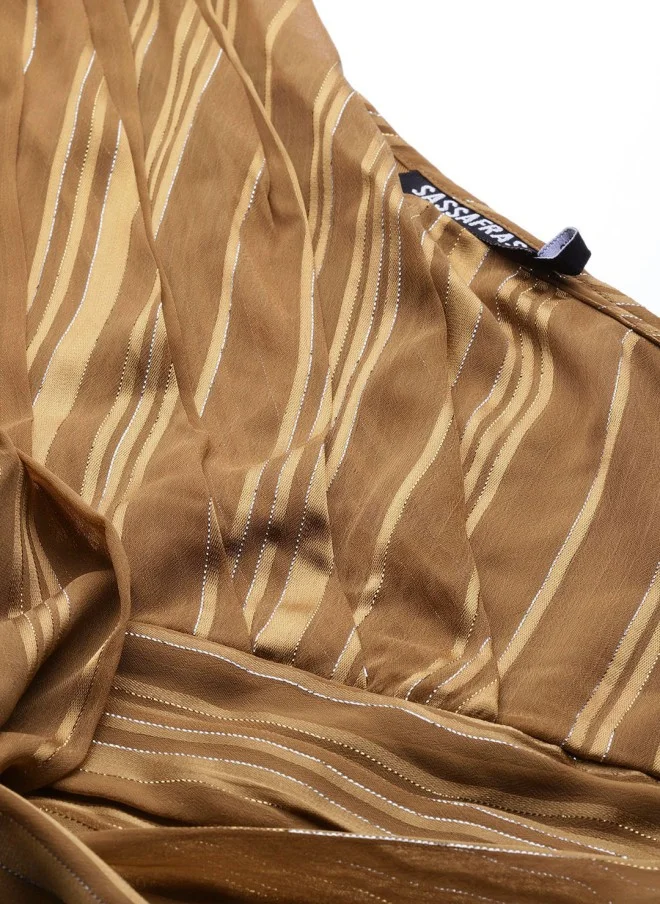 SASSAFRAS Olive Brown Striped One Shoulder Puff Sleeve Crop Top
