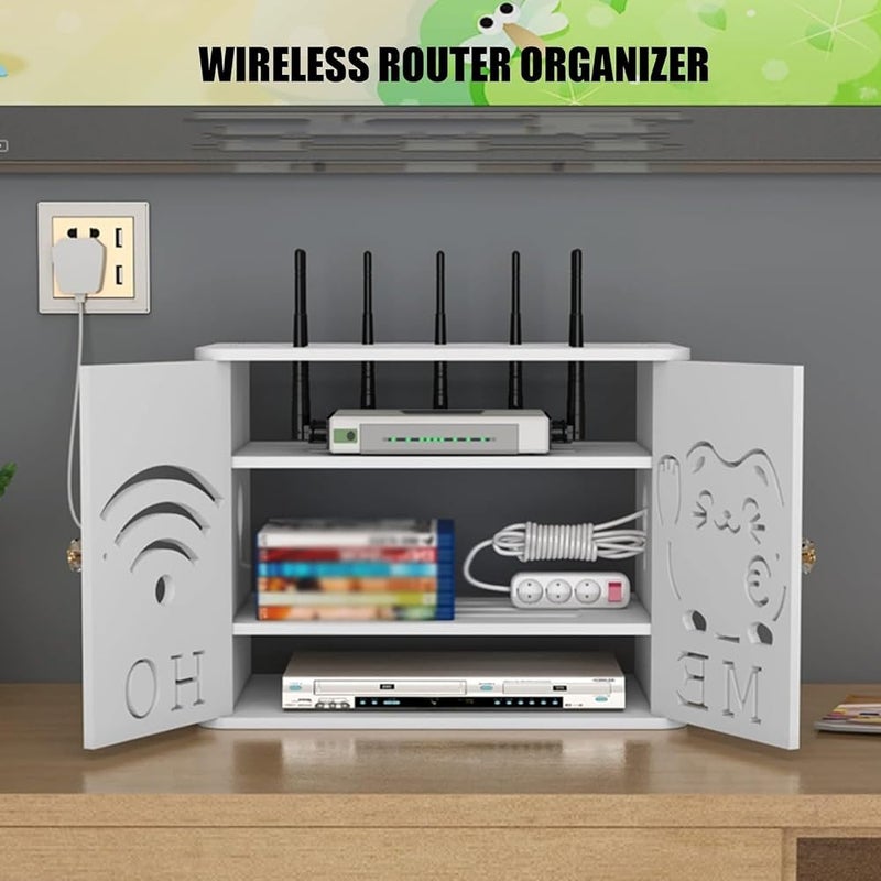 THE WHITE SHOP 4 Tiers WiFi Router Storage Boxes, WiFi Router Modem Floating Shelves, Wall Hanging WiFi Hider Shelf Decorative, Table Top Router Storage Organizer Cabinet for Home Office(A) - Image 4