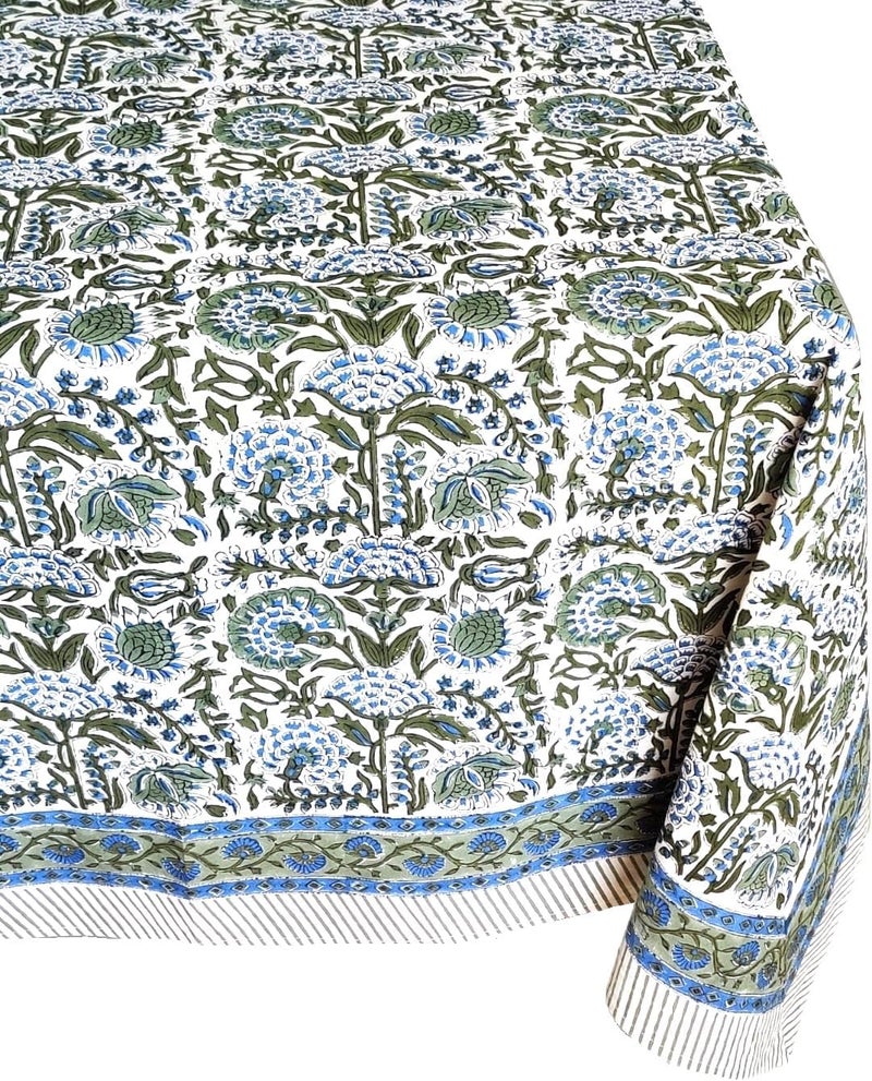 ATOSII Clover Blue 100 Cotton Square Fall Tablecloth Handblock Floral Linen Table Cloth for Kitchen Dining Table I Parties Wedding Christmas Thanksgiving I Fall Home Decor 60 X 60 Inches - Image 3