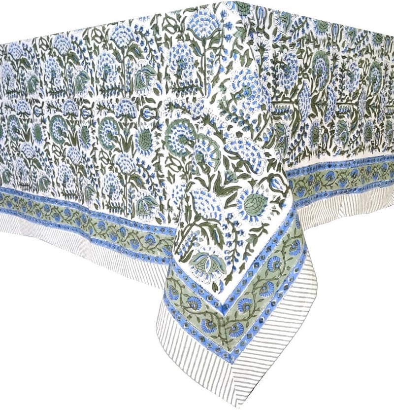 ATOSII Clover Blue 100 Cotton Square Fall Tablecloth Handblock Floral Linen Table Cloth for Kitchen Dining Table I Parties Wedding Christmas Thanksgiving I Fall Home Decor 60 X 60 Inches - Image 4