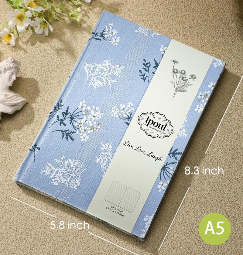 ipoul Floral Hardcover Journal for Writing, Lined Notebook for women, A5, 200 Pages, 6x8 Medium Size Notebook, Floret Printed Fabric Linen Personal Journal, Lay Flat Notebook, Reading Journal, Blue. - Image 2