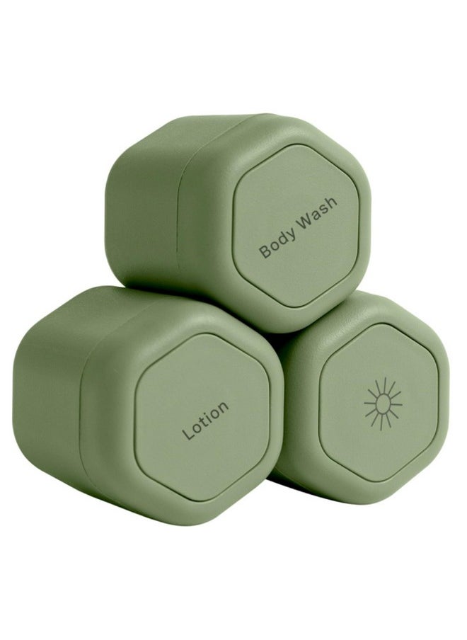Cadence Travel Containers - Body Care Capsule Set - Magnetic Travel Capsules - For Body Wash, Lotions, Sunscreens - 3 Flex Mediums (1.32Oz) With Body Wash, Lotion, & Sun Icon Labels - Eucalyptus 