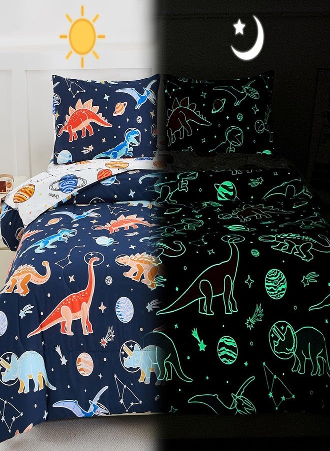 Aimuan Glow in the Dark Space Comforter Set Kids Dinosaur Animals Bedding Set Super Soft & Cute Planet Printed for Boys Girls Teen (Black, Twin 5Pcs) - Image 1