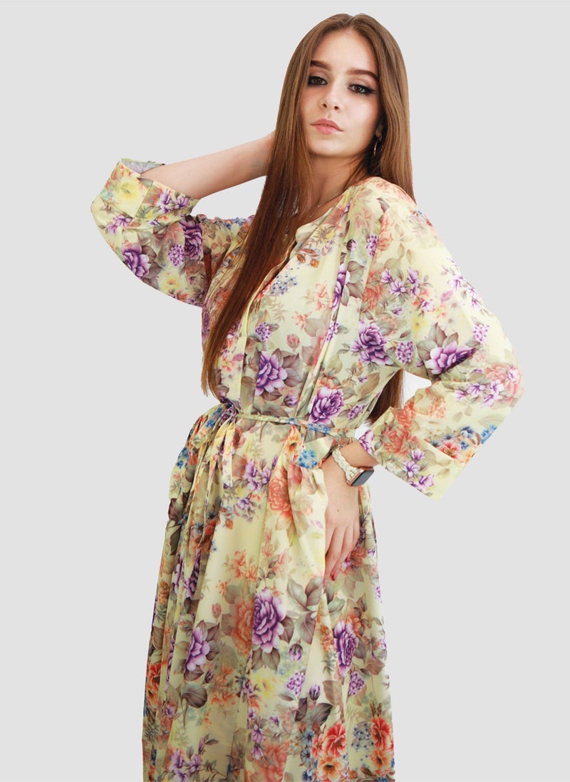 Kidwala Women'S Long Floral Dress With Front Tie Knot, Purple & Beige Dress, 3/4 Quarter Sleeve, Printed Vintage Dress, Maxi Dress With Front Button, Lady Dress - Image 1