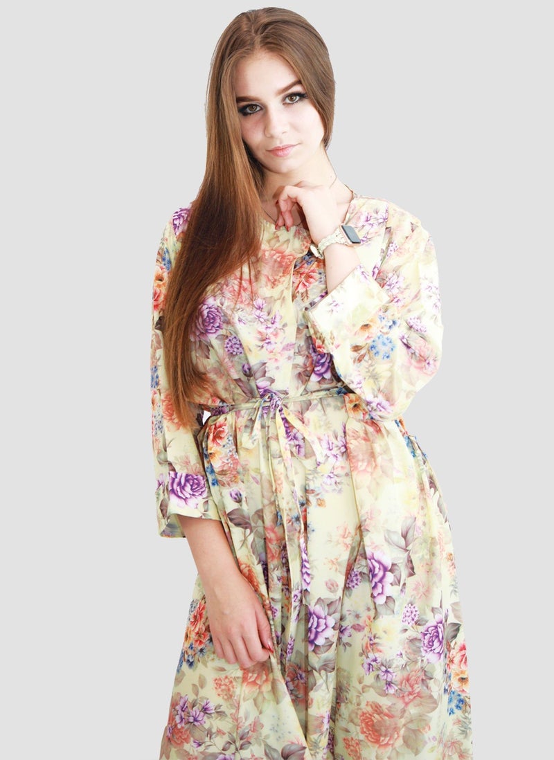 Kidwala Women'S Long Floral Dress With Front Tie Knot, Purple & Beige Dress, 3/4 Quarter Sleeve, Printed Vintage Dress, Maxi Dress With Front Button, Lady Dress - Image 2