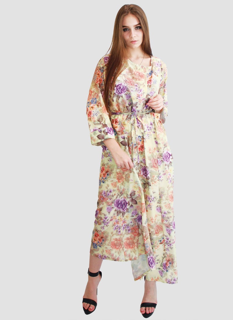 Kidwala Women'S Long Floral Dress With Front Tie Knot, Purple & Beige Dress, 3/4 Quarter Sleeve, Printed Vintage Dress, Maxi Dress With Front Button, Lady Dress - Image 3