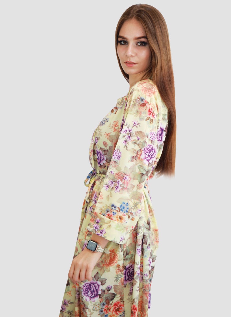 Kidwala Women'S Long Floral Dress With Front Tie Knot, Purple & Beige Dress, 3/4 Quarter Sleeve, Printed Vintage Dress, Maxi Dress With Front Button, Lady Dress - Image 4