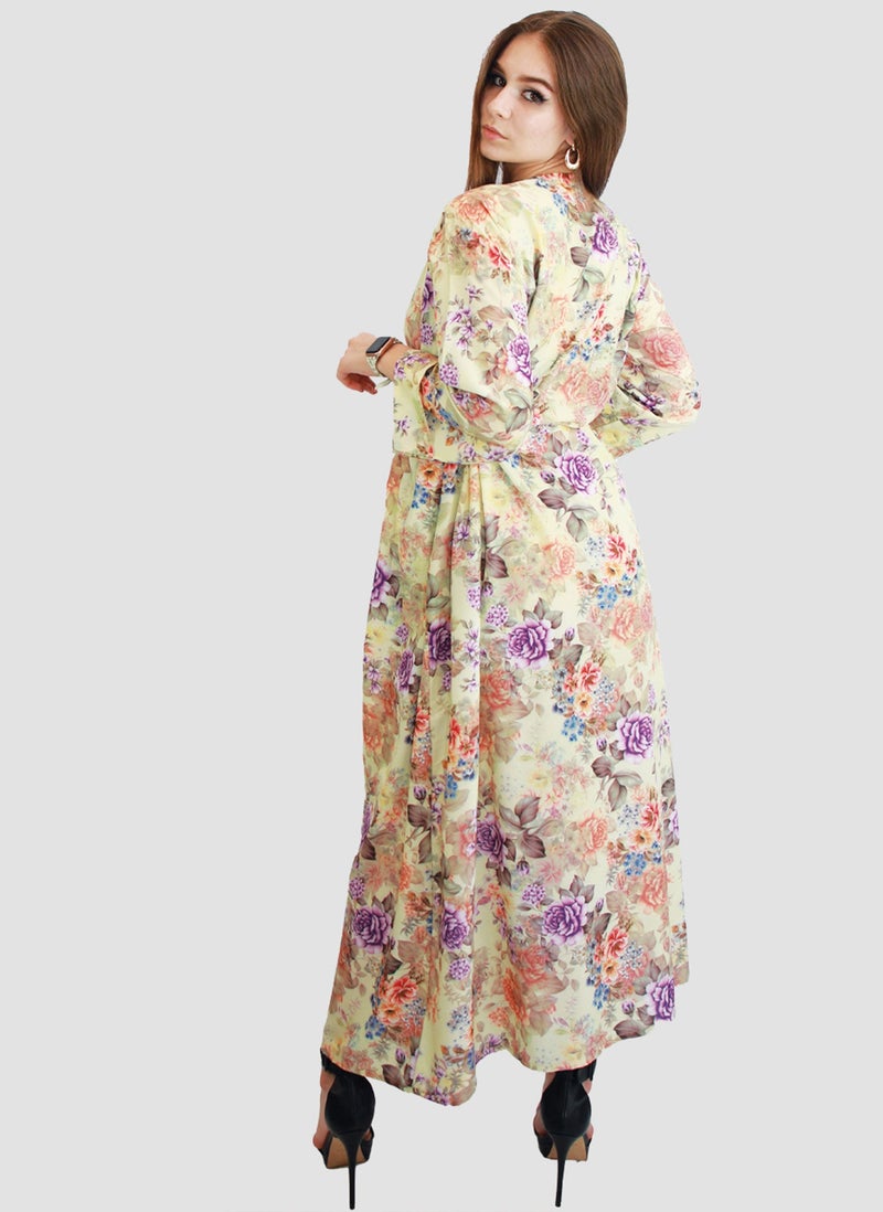Kidwala Women'S Long Floral Dress With Front Tie Knot, Purple & Beige Dress, 3/4 Quarter Sleeve, Printed Vintage Dress, Maxi Dress With Front Button, Lady Dress - Image 5
