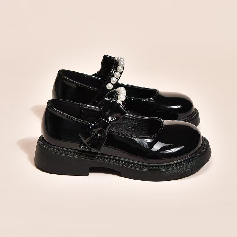 Soft-Soled Leather Shoes for Girls, 2026 Spring and Autumn New Style, Pearl Bow Princess Flats, Black Shiny Leather Loafers - Image 4