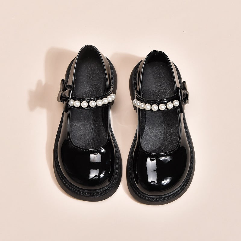 Soft-Soled Leather Shoes for Girls, 2026 Spring and Autumn New Style, Pearl Bow Princess Flats, Black Shiny Leather Loafers - Image 1