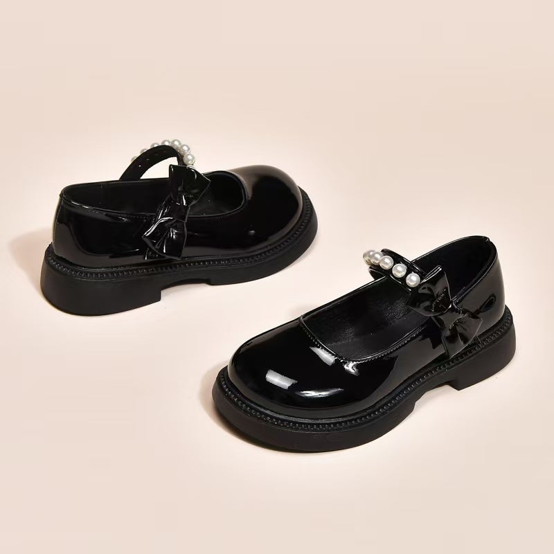 Soft-Soled Leather Shoes for Girls, 2026 Spring and Autumn New Style, Pearl Bow Princess Flats, Black Shiny Leather Loafers - Image 5