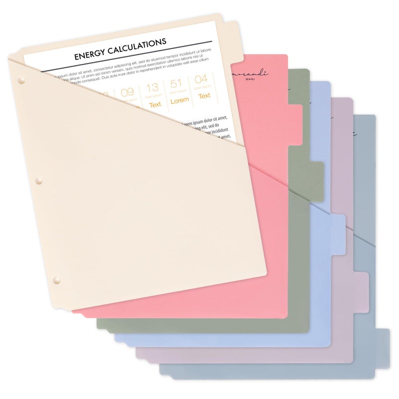 H4D Morandi Color 6-Tab Dividers for 3-Ring Binder, Letter Size Plastic Dividers with 2 Pockets for Each One, 1 Pack - Image 1