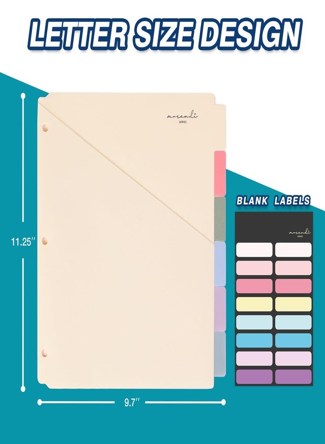 H4D Morandi Color 6-Tab Dividers for 3-Ring Binder, Letter Size Plastic Dividers with 2 Pockets for Each One, 1 Pack - Image 2