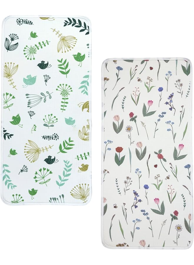 haakaa Waterproof Changing Pad Liners Portable Baby Changing Pad Cover Diaper Changing Mat Reusable 100% Cotton Ultra Soft Breathable Honey Blossom+Spring Breeze (2Pcs 13" X 27.5") - Image 1